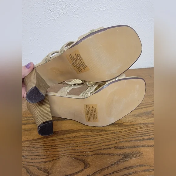 #9 Tan Slide-On Sandals with Block Heel & Gold Accents 10 - Picture 8 of 14